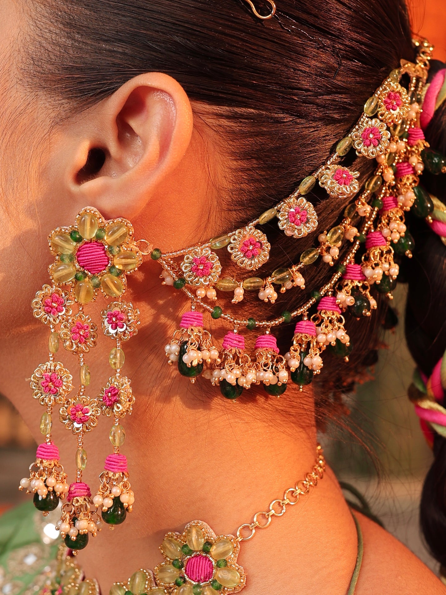 Gulabo (Earrings with Earchains, Mathapatti, Necklace & Pair of Hathphool with Embroidered Latkans Set)