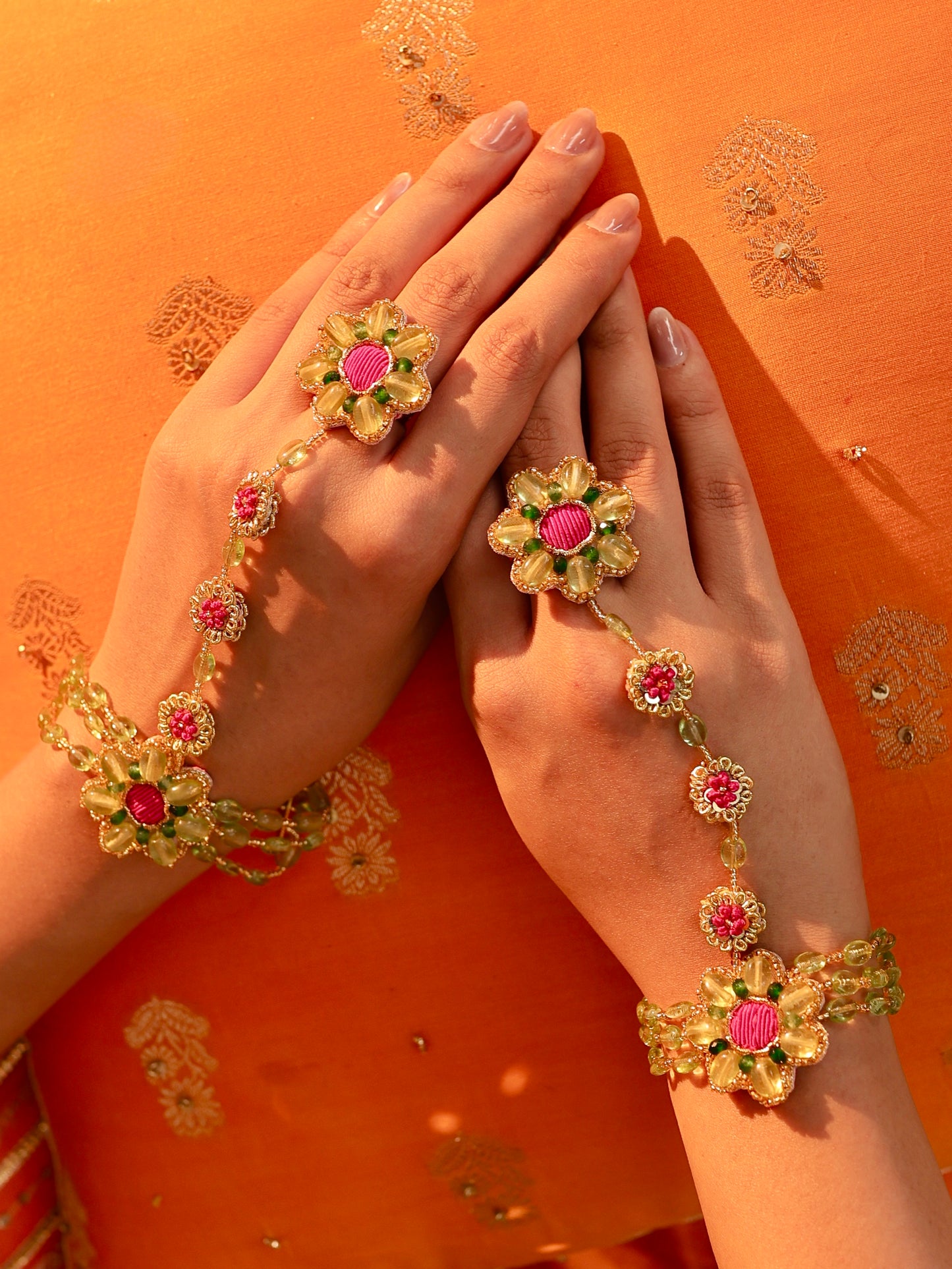 Gulabo (Earrings with Earchains, Mathapatti, Necklace & Pair of Hathphool with Embroidered Latkans Set)