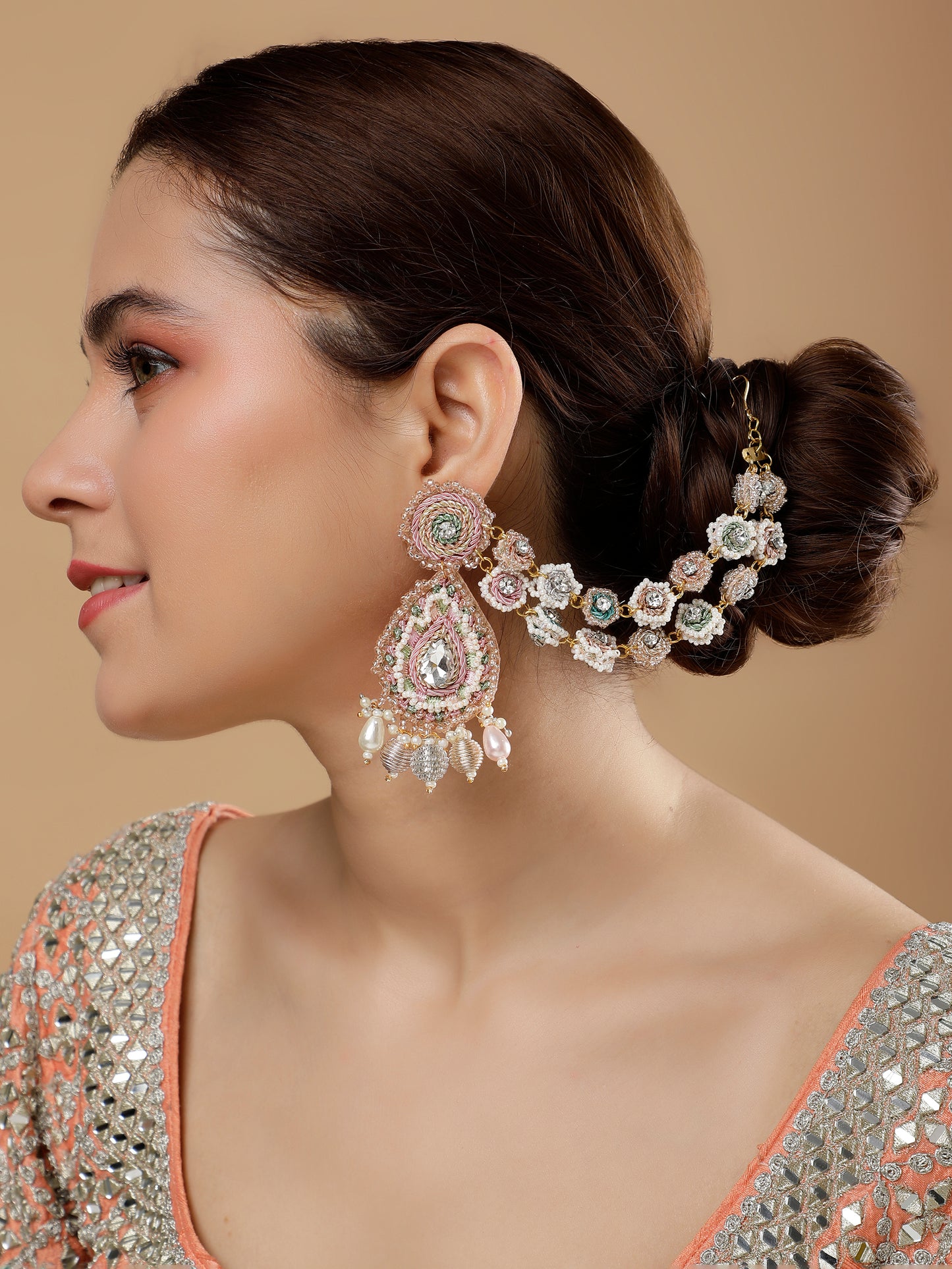 Khoobsurat Earrings With Double Layer Earchain