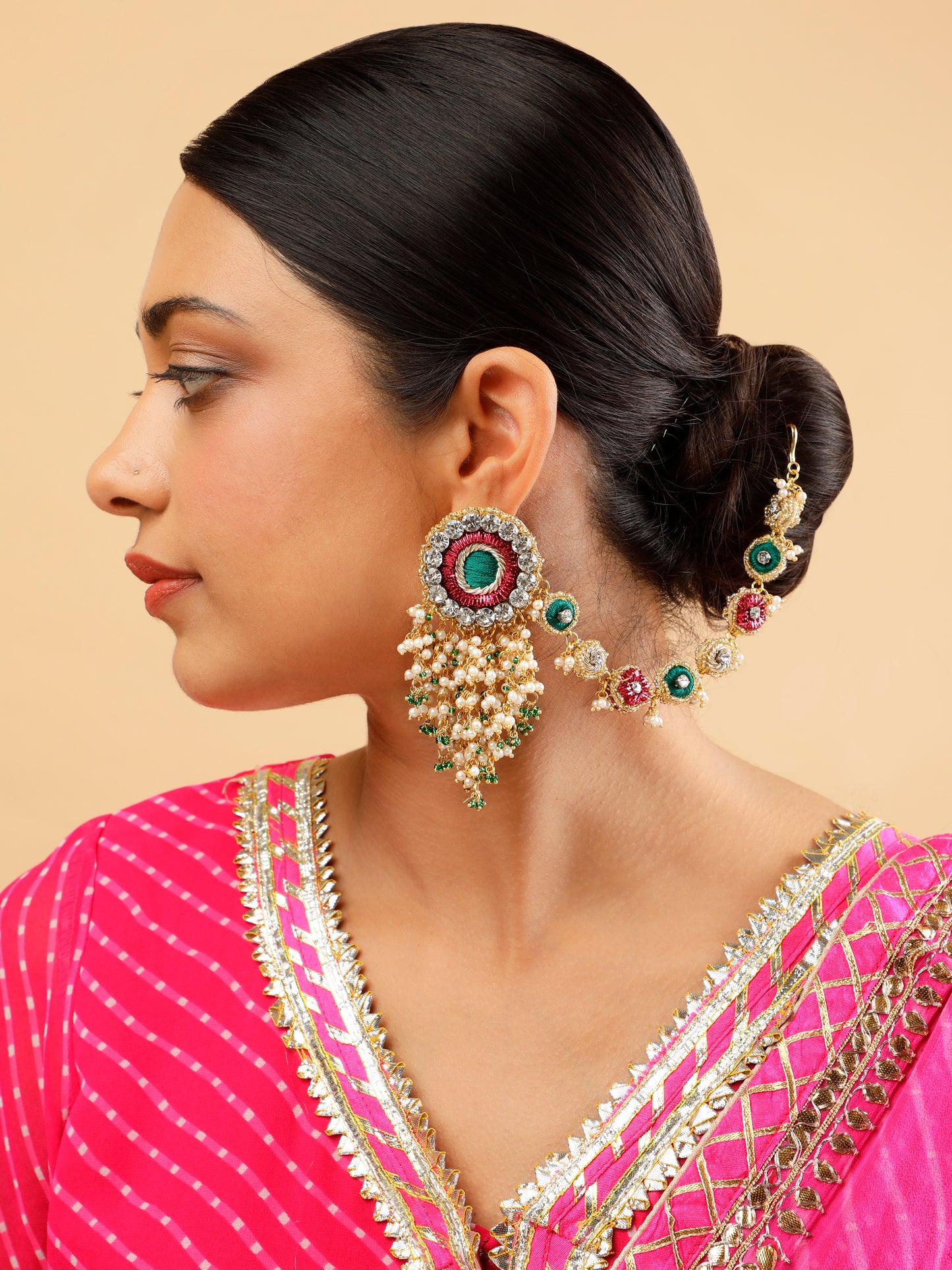 Falguni Green Earrings With Single Layer Earchain