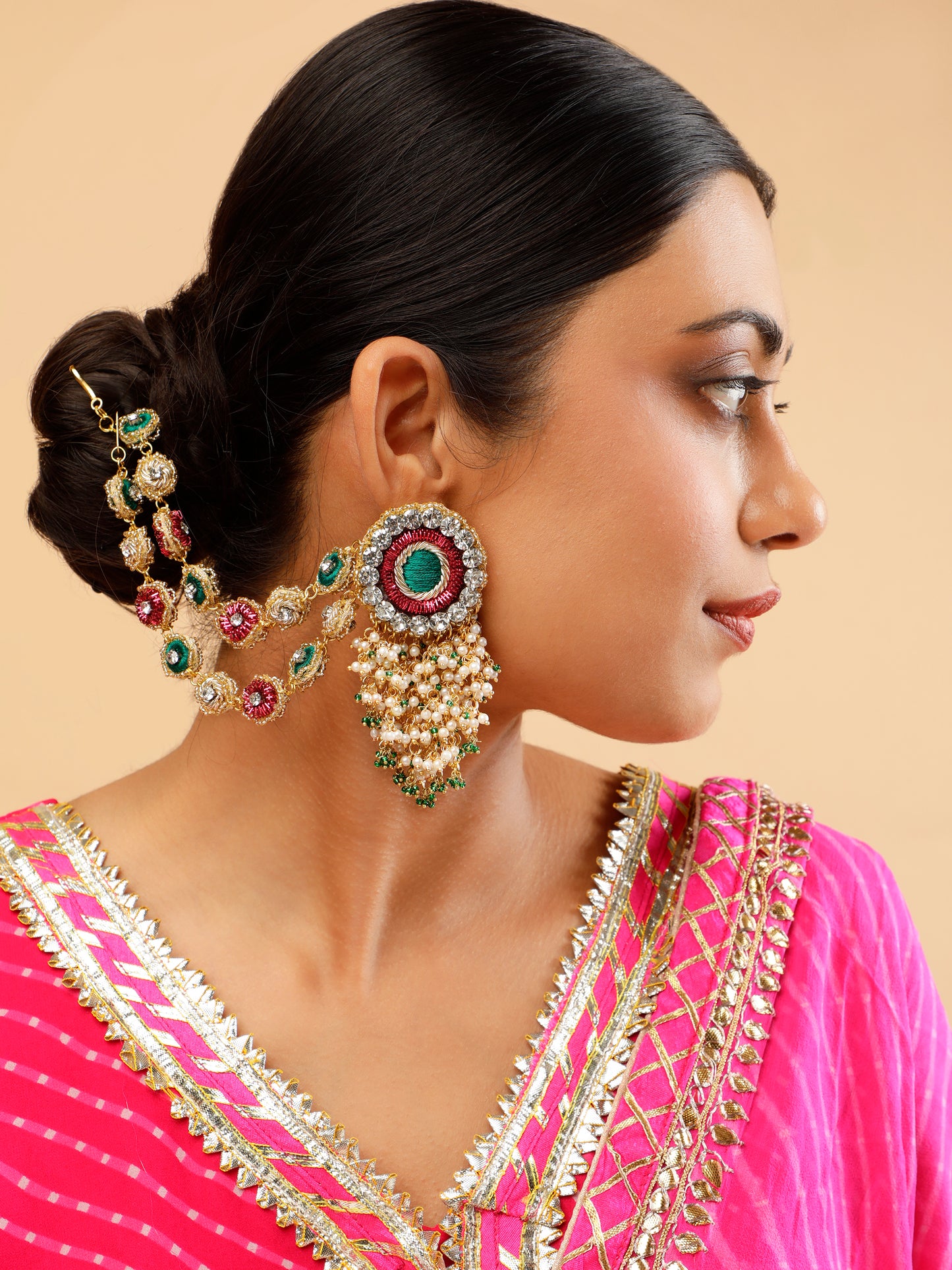 Falguni Green Earrings With Double Layer Earchains