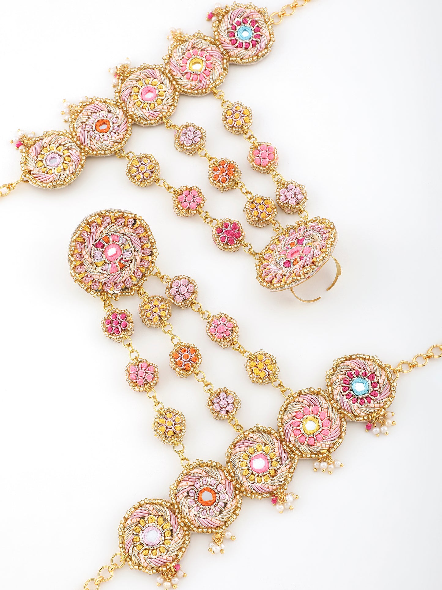 Beaming Bud Orange (Earrings, Mathapatti, Sleek Necklace & Pair Of Haathphool Set)