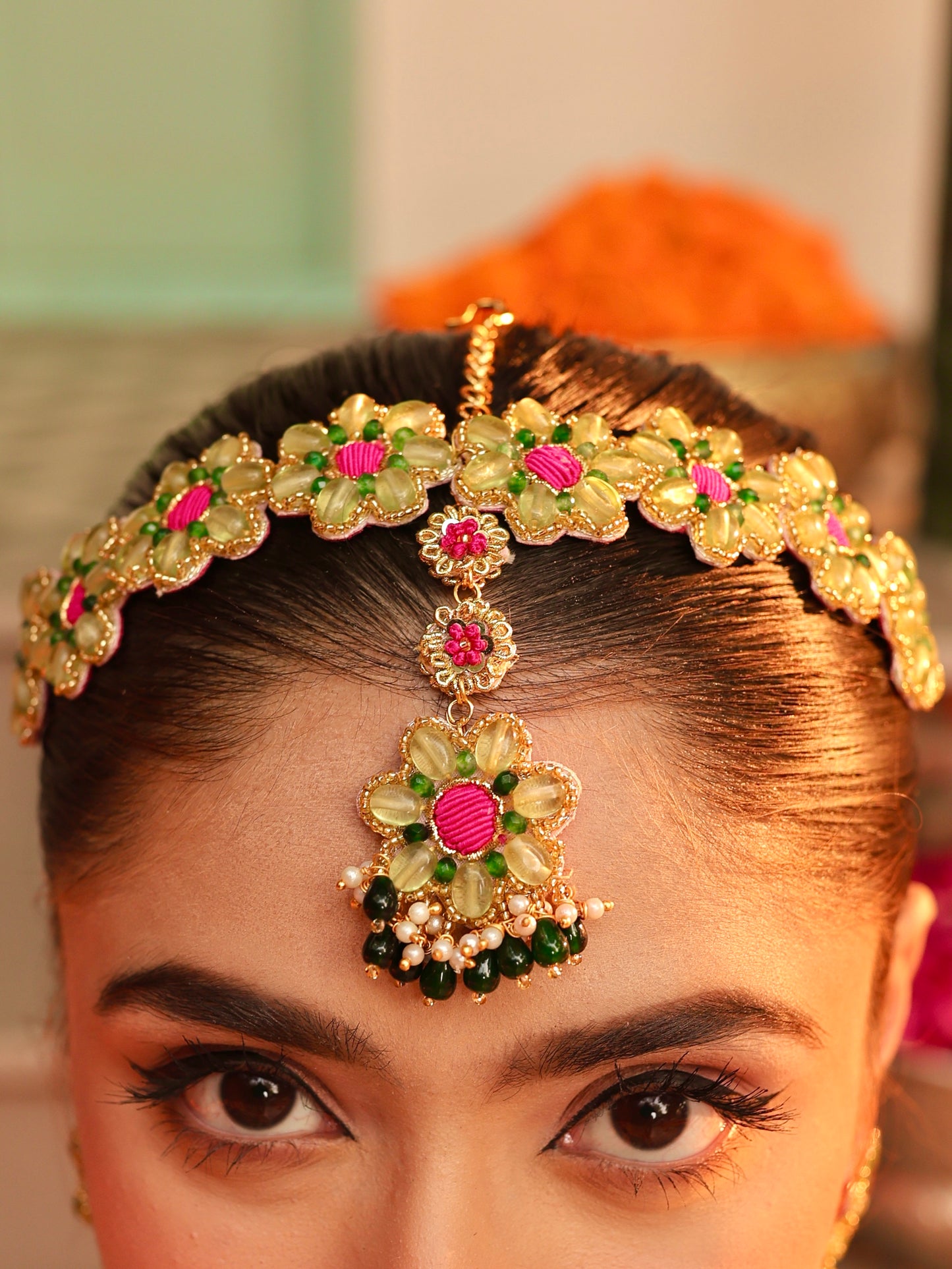 Gulabo (Earrings with Earchains, Mathapatti, Necklace & Pair of Hathphool with Embroidered Latkans Set)