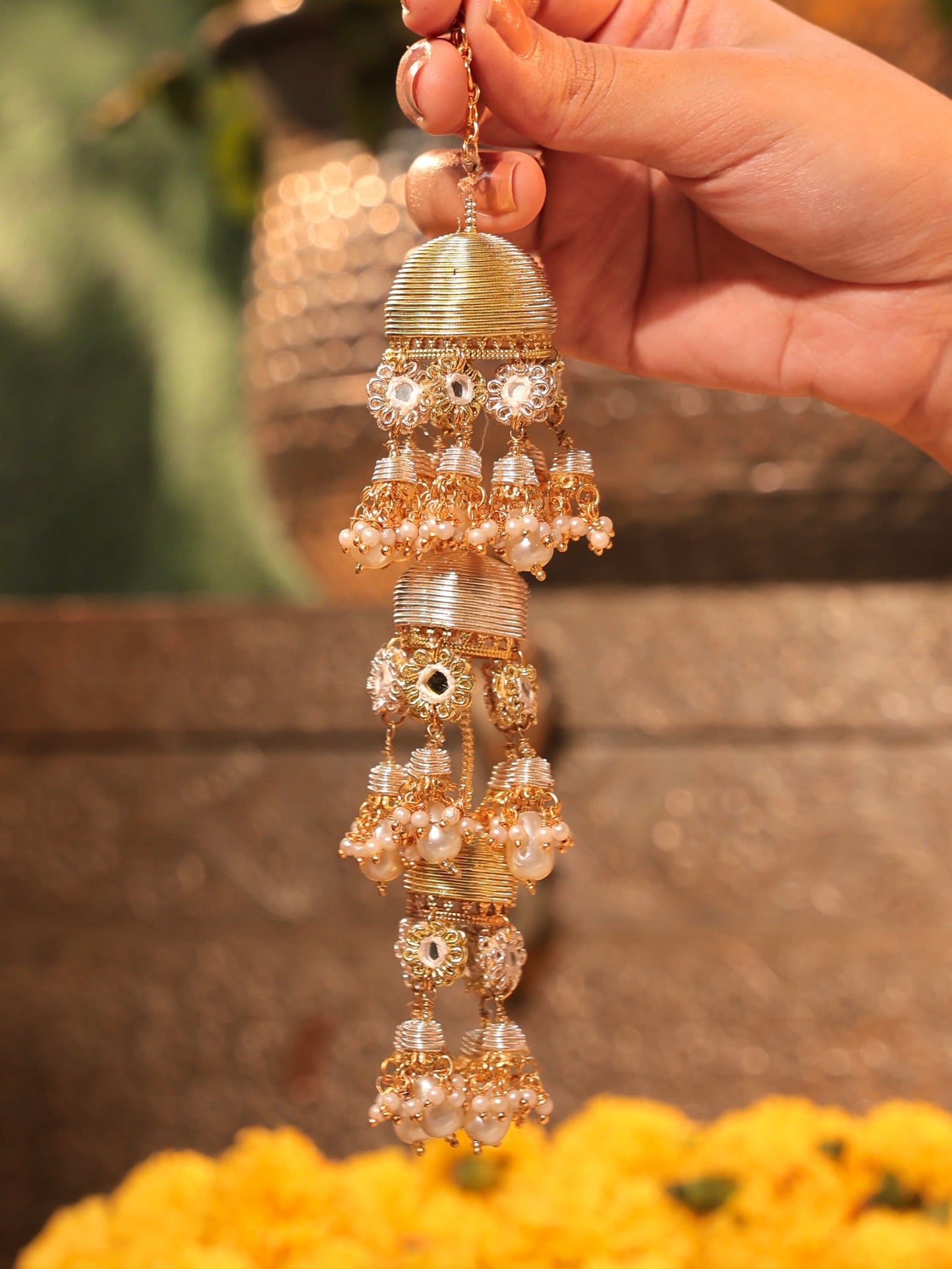 Gul Sitara Gold (Earrings with Earchains, Mathapatti & Pair of Hathphool with Embroidered Latkans Set)