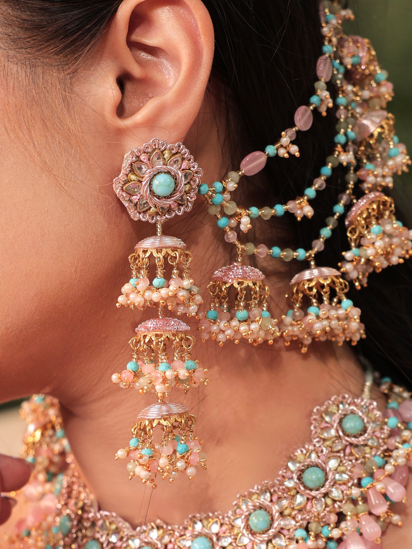 Firoza (Earrings with Earchains, Mathapatti, Sleek Necklace, Long Necklace & Pair of Hathphool Set)