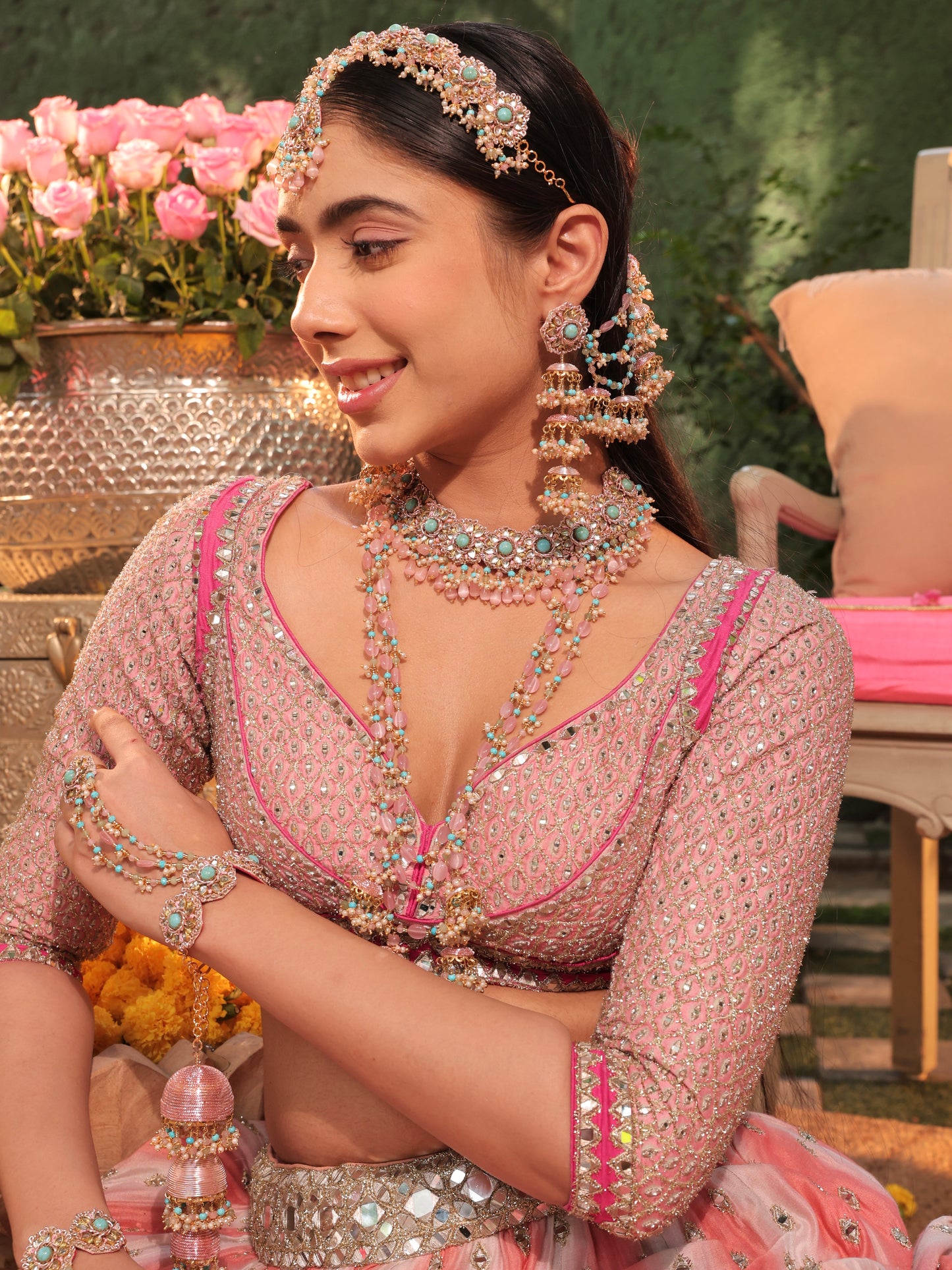 Firoza (Earrings with Earchains, Mathapatti, Sleek Necklace, Long Necklace & Pair of Hathphool with Kaleeras Set)