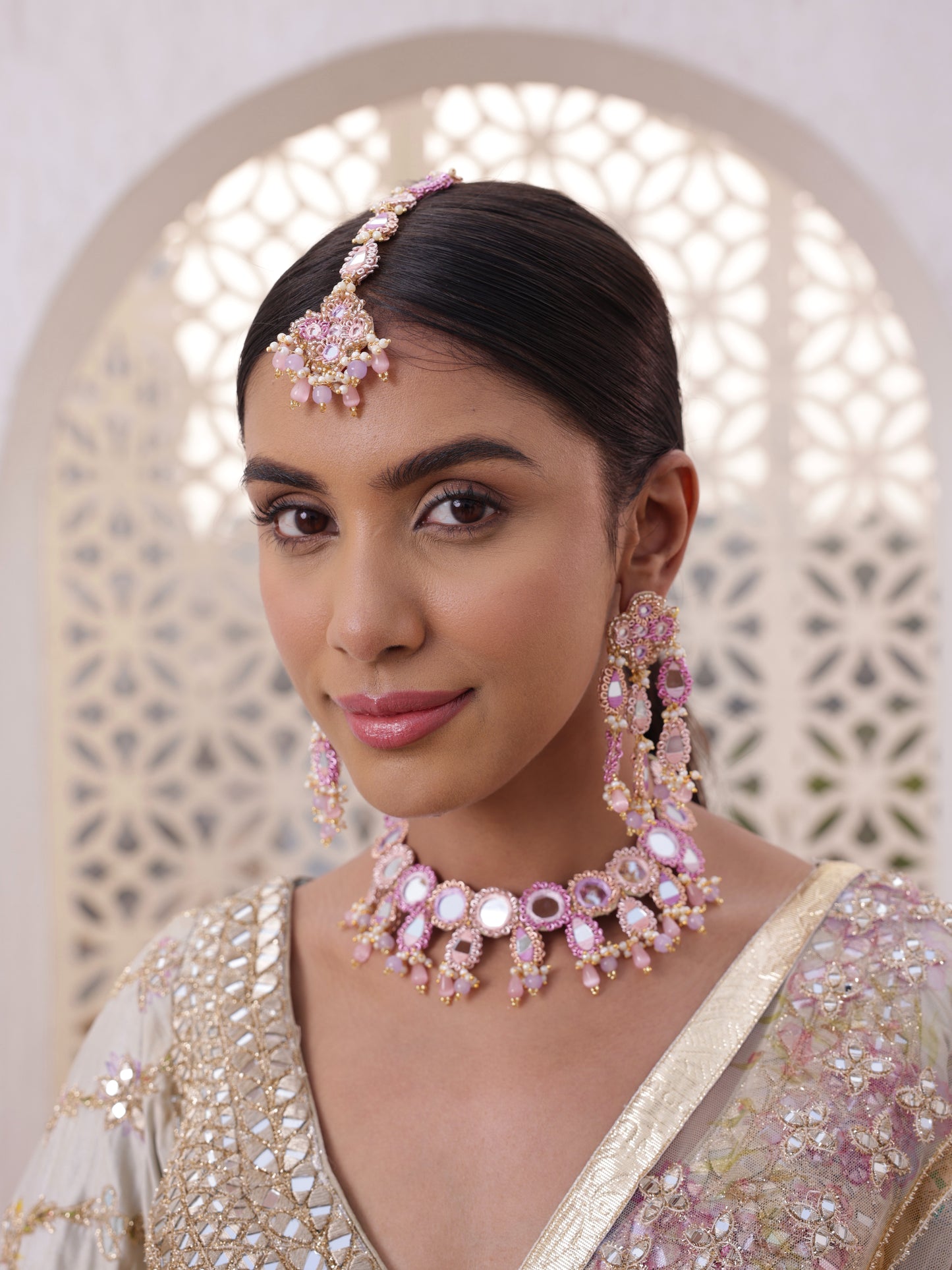 Ishq Lilac (2 Tier Earrings, Mangtikka & Necklace with Drops Set)