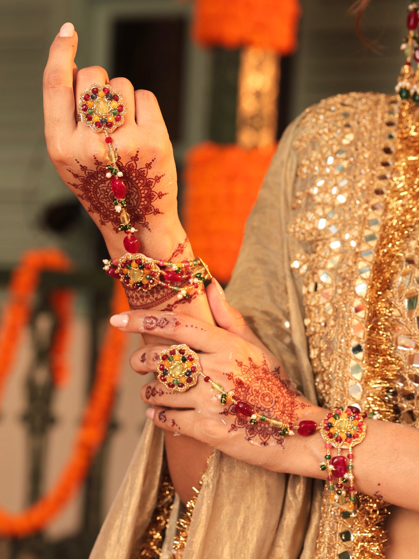 Noorani (Earrings with Earchains, Mangtikka, Passa, Choker & Pair of Hathphool Set)