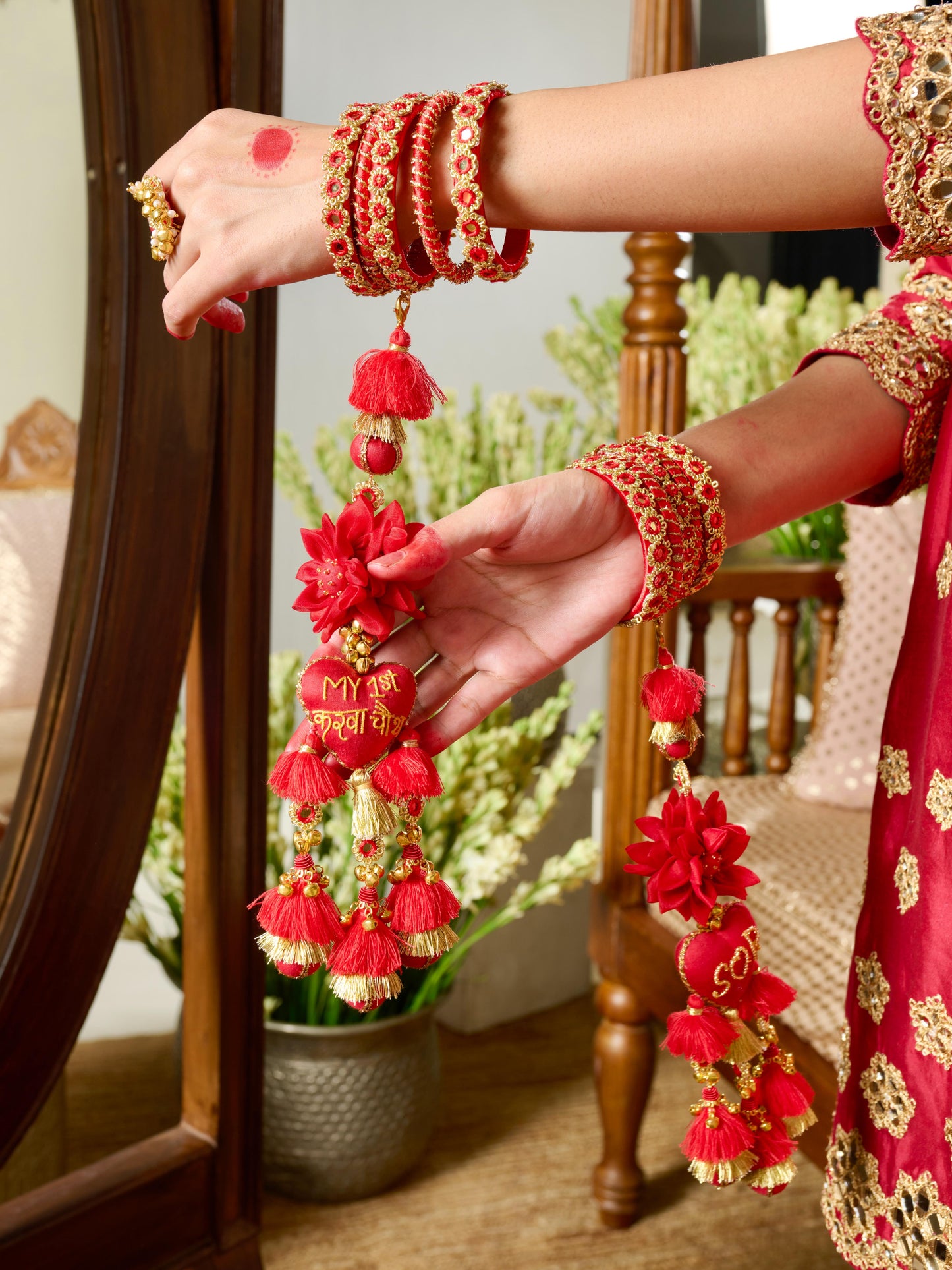 Sindoor Pair of Bangle Sets with My First Karwa Chauth Latkan & Custom Initials Latkan (Both Hands)