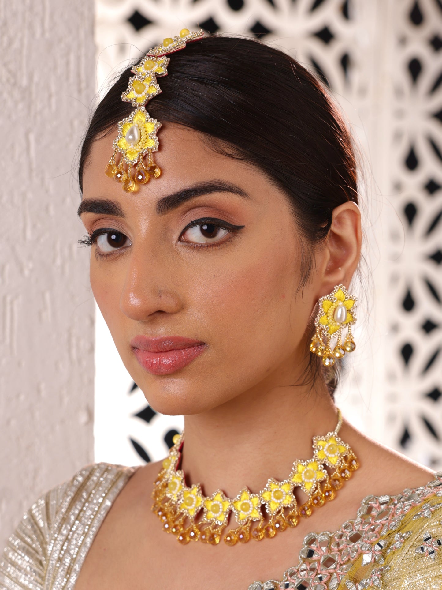 Blossom (Stud Earrings, Mangtikka, & Sleek Necklace Set)