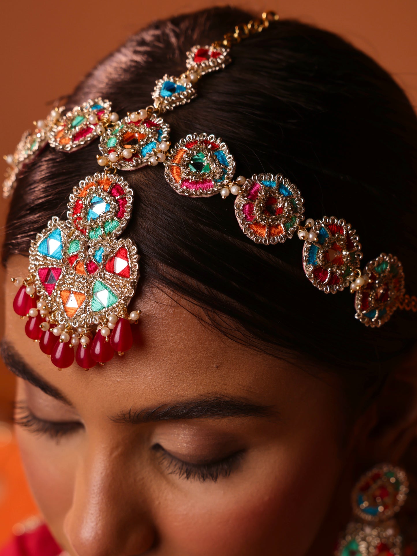 Phulkari (Jhumki Earrings, Mathapatti & Necklace Set)