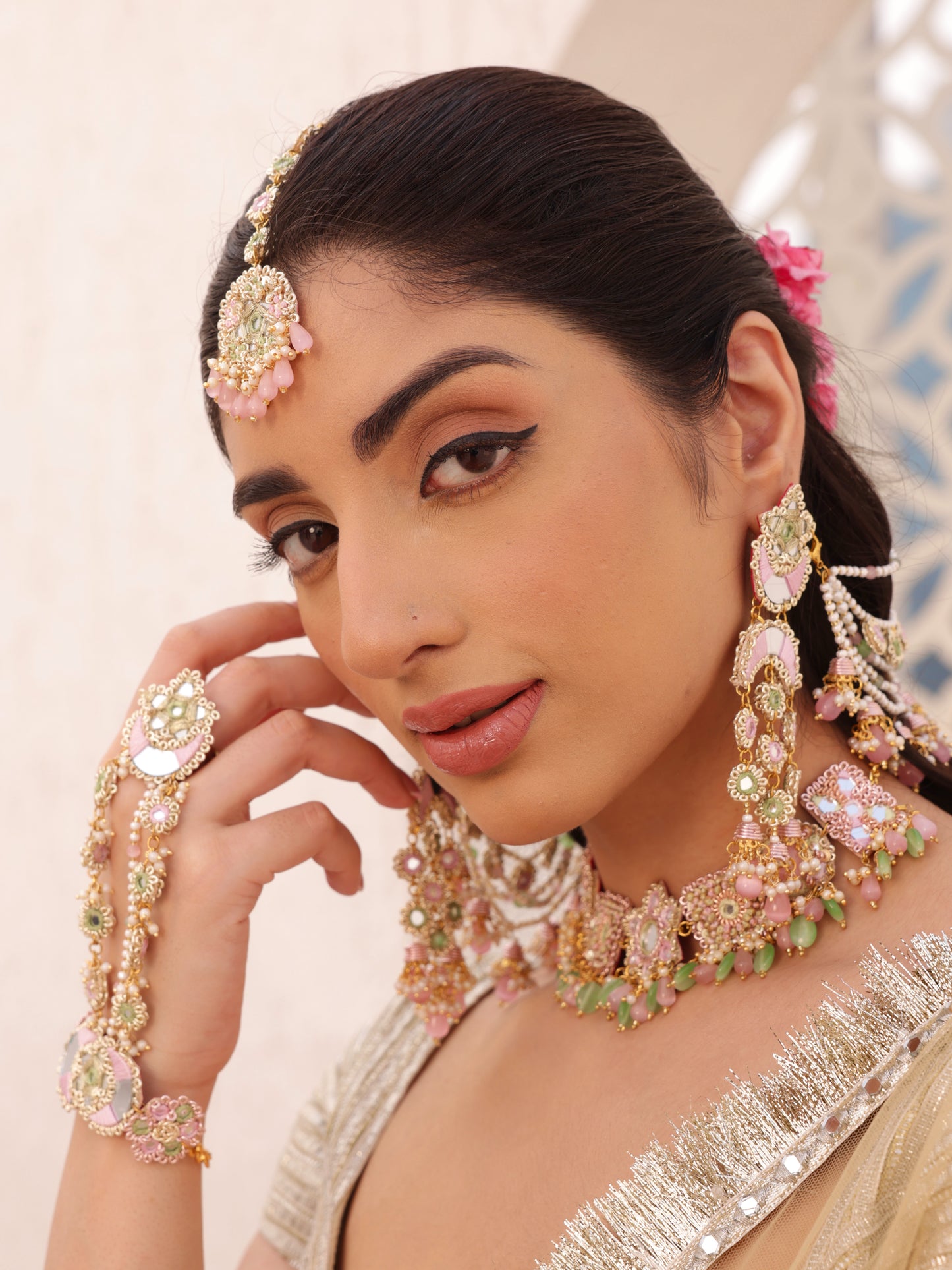 Gul (Earrings with Earchain, Mangtikka, Choker & Pair of Hathphool Set)