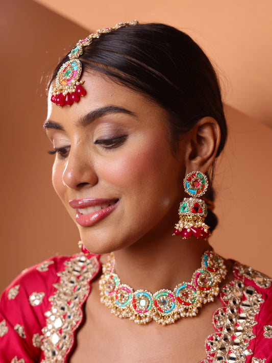 Phulkari (Jhumki Earrings, Mangtikka, Sleek Necklace & Pair of Hathphool)