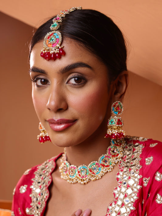 Phulkari (Jhumki Earrings, Mangtikka & Sleek Necklace)