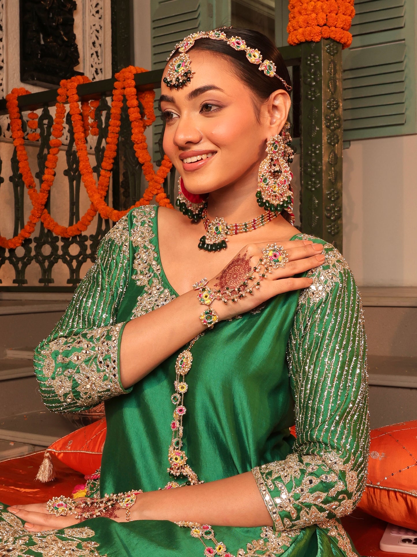 Jugni (Earrings with Earchains, Mathapatti, Choker & Pair of Hathphool with Embroidered Latkan Set)