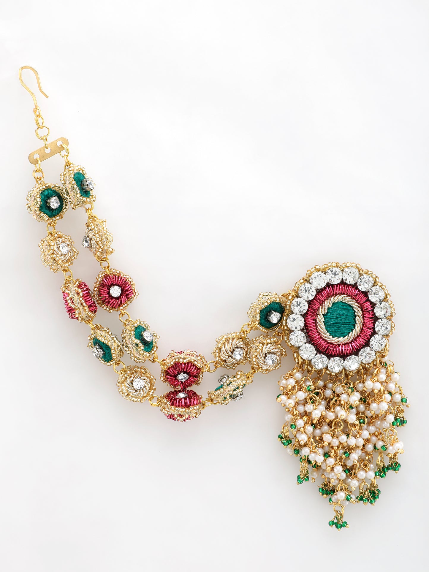 Falguni Green Earrings With Double Layer Earchains