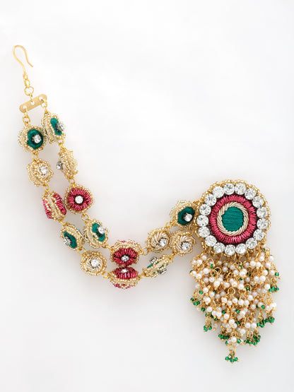 Falguni Green Earrings With Double Layer Earchains