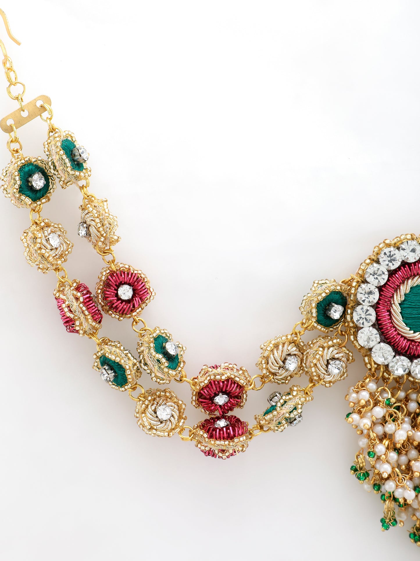 Falguni Green Earrings With Double Layer Earchains