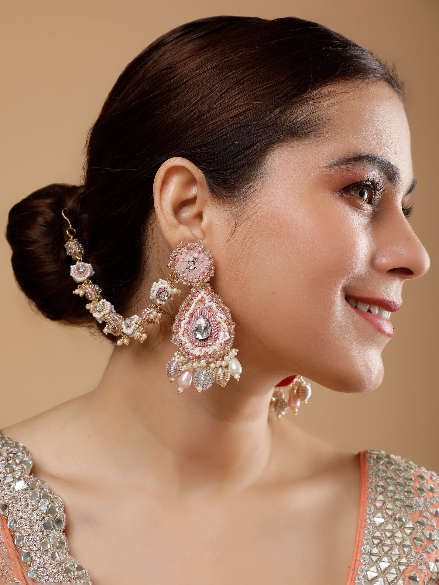 Khoobsurat Pink Earring With Single Layer Earchain