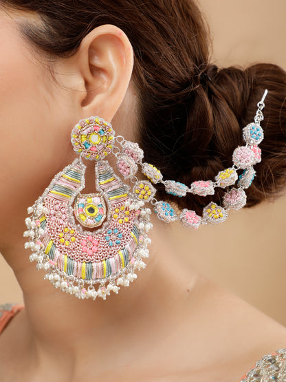Beaming Bud Pink Earring With Double Layer Earchain