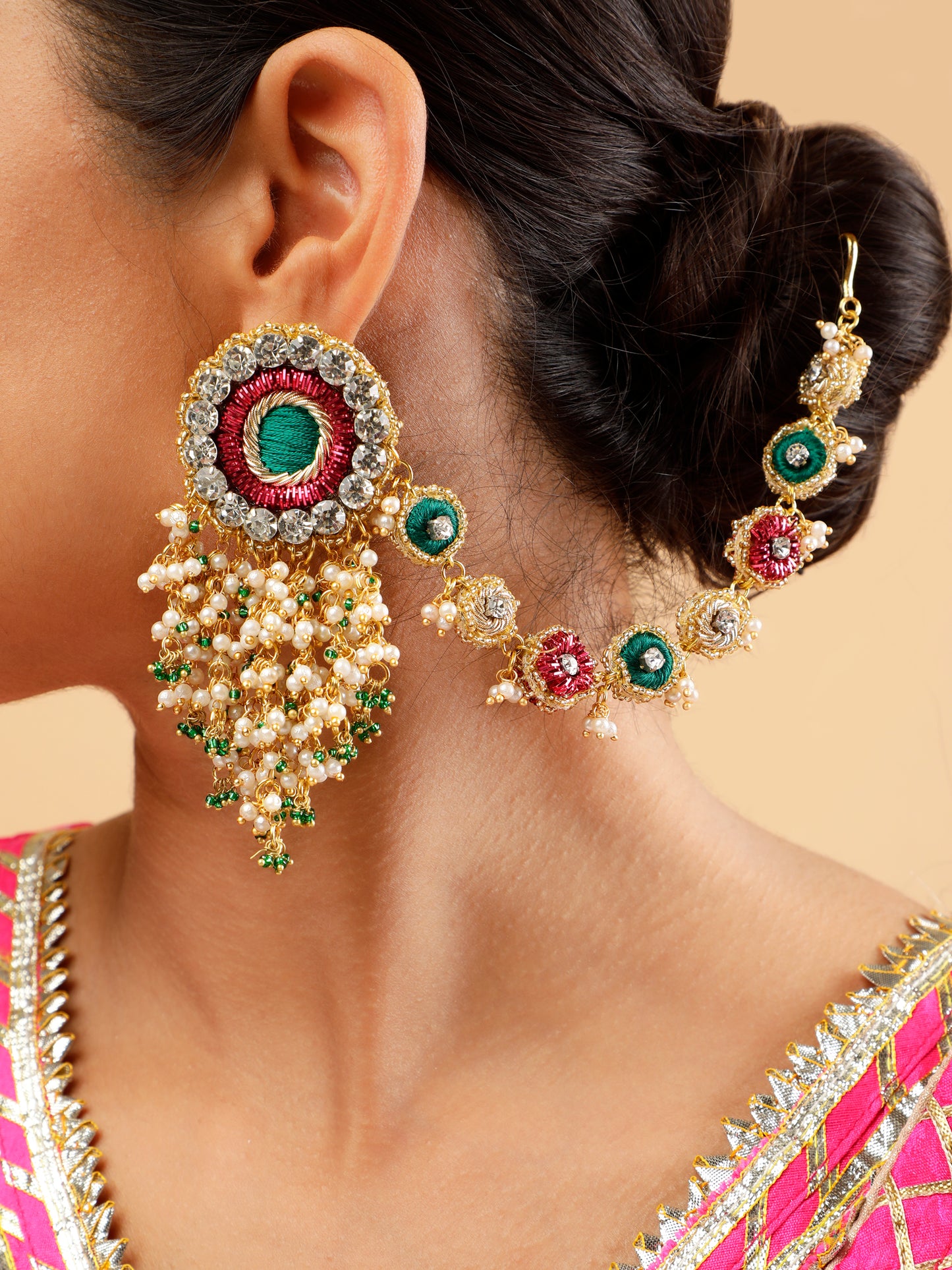 Falguni Green Earrings With Single Layer Earchain
