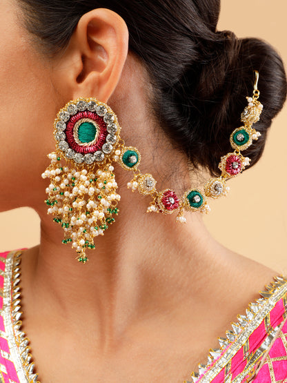 Falguni Green Earrings With Single Layer Earchain
