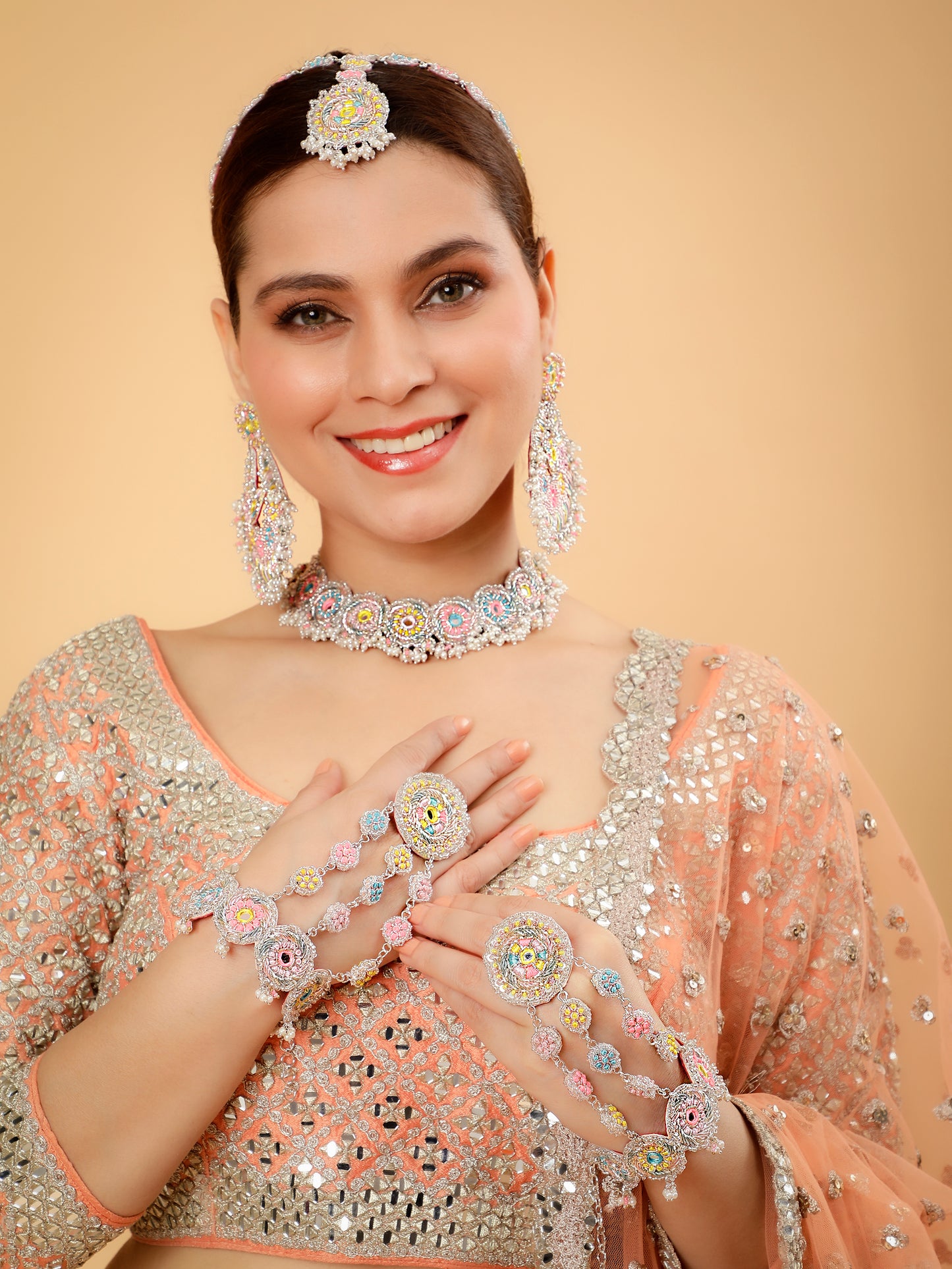 Beaming Bud Pink (Earrings, Mathapatti, Sleek Necklace & Pair Of Haathphool)