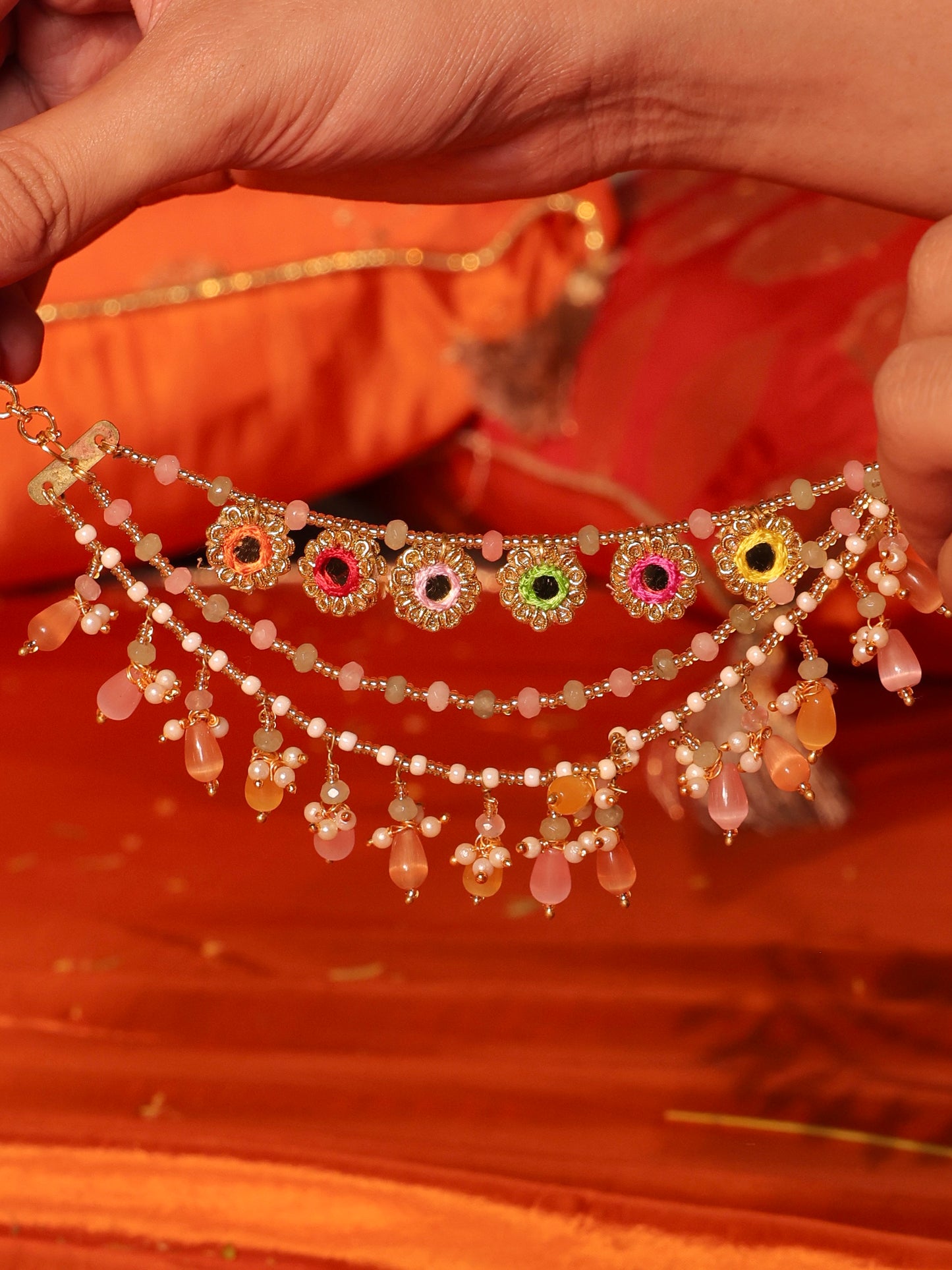 Bahaar (Earrings with Earchains, Mathapatti, Sleek Necklace & Pair of Hathphool Set)