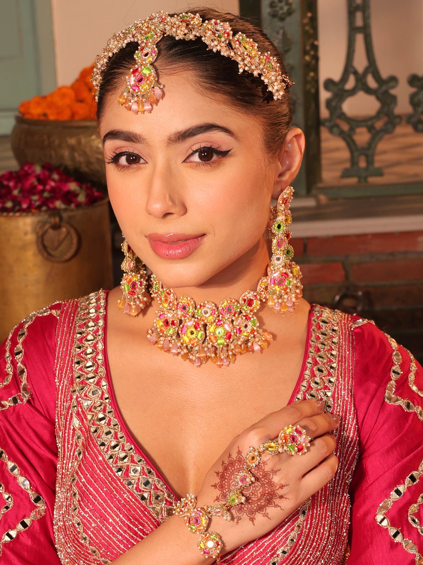 Bahaar (Earrings, Mathapatti, Necklace with Drops & Pair of Hathphool Set)