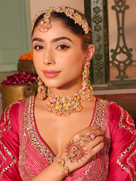 Bahaar (Earrings, Mathapatti, Necklace with Drops & Pair of Hathphool Set)