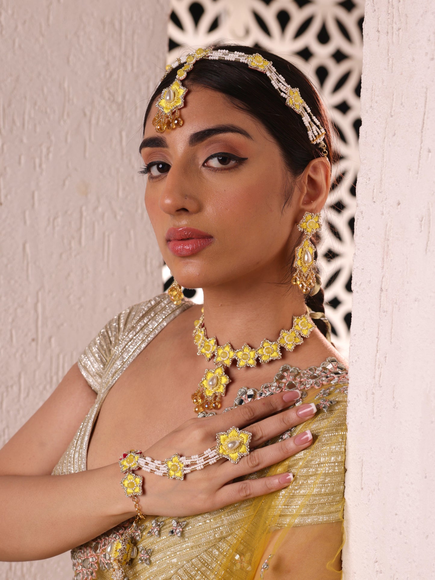Blossom (Earrings, Mathapatti, Sleek Necklace with Drop and Pair of Hathphool with Embroidered Latkans)