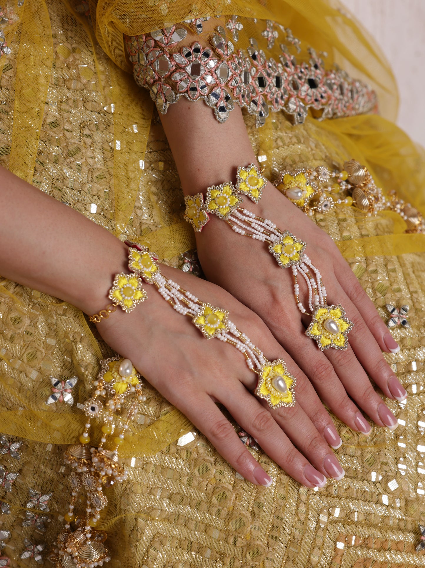 Blossom (Earrings, Mathapatti, Sleek Necklace with Drop and Pair of Hathphool with Embroidered Latkans)