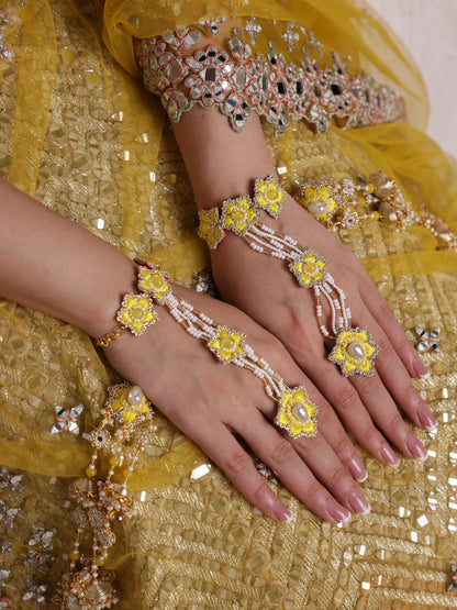 Blossom (Earrings, Mathapatti, Sleek Necklace with Drop and Pair of Hathphool with Embroidered Latkans)