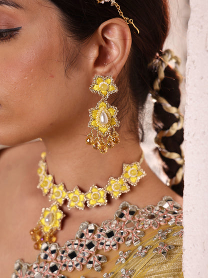 Blossom (Earrings, Mathapatti, Sleek Necklace with Drop and Pair of Hathphool with Embroidered Latkans)