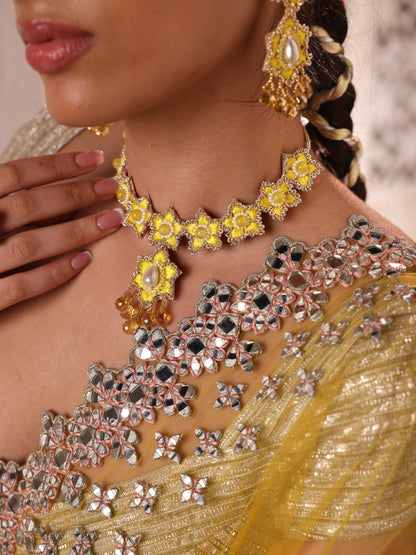 Blossom (Earrings, Mathapatti, Sleek Necklace with Drop and Pair of Hathphool with Embroidered Latkans)