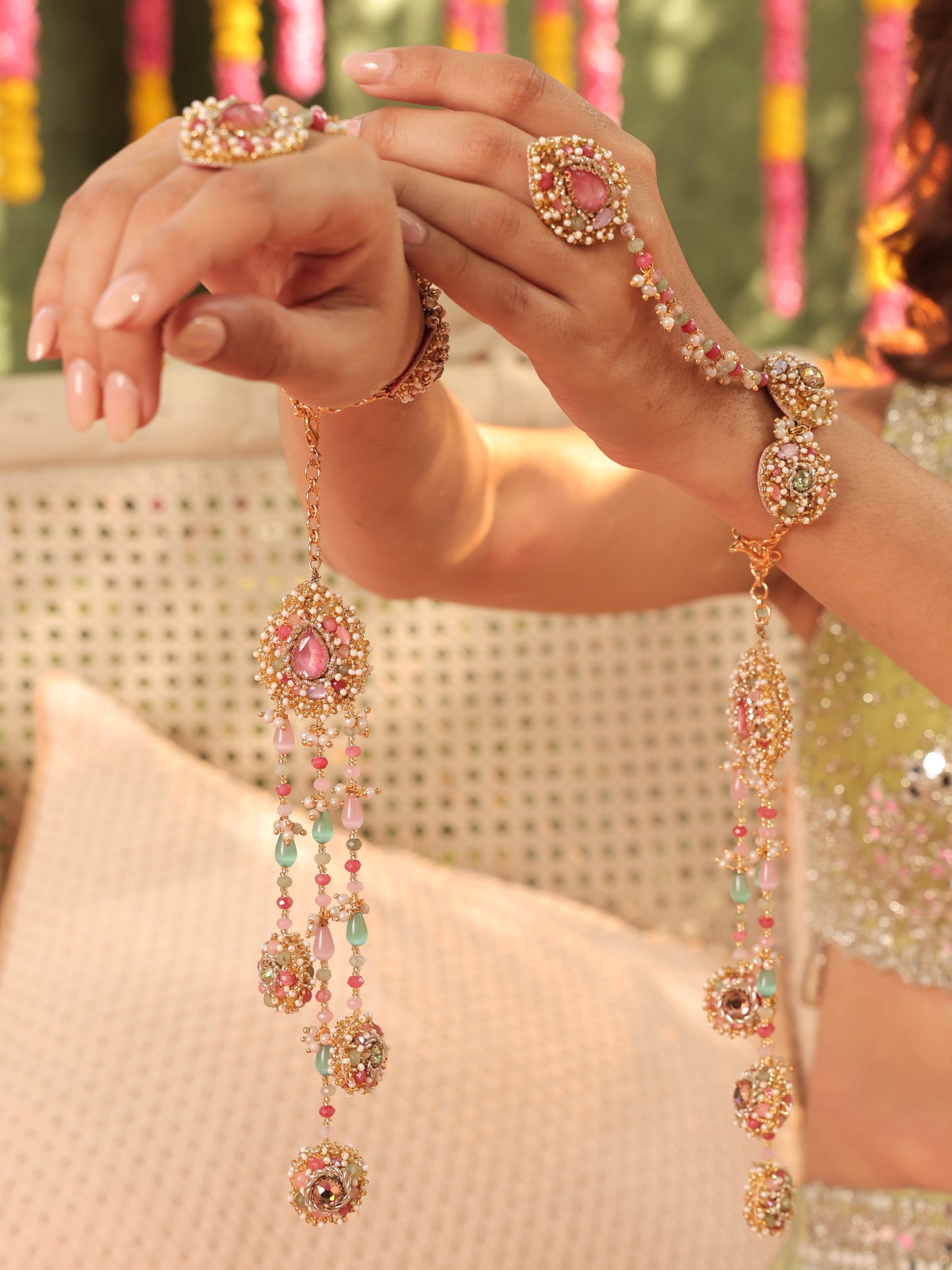 Dream Girl (Earrings, Mathapatti & Pair of Hathphool With Embroidered Latkans Set)