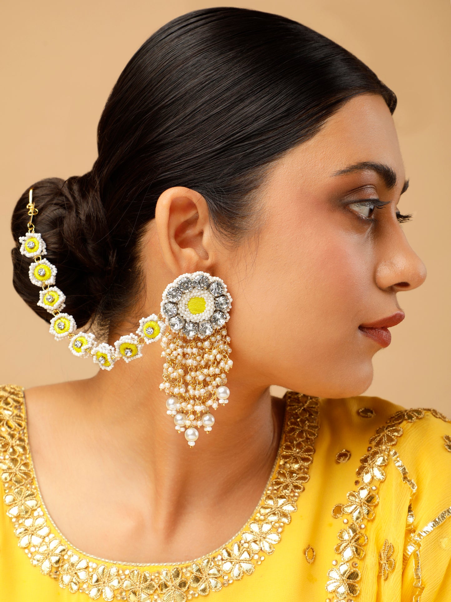 Falguni Yellow Earrings With Single Layer Earchain