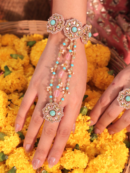 Firoza (Earrings with Earchains, Mathapatti, Sleek Necklace, Long Necklace & Pair of Hathphool Set)