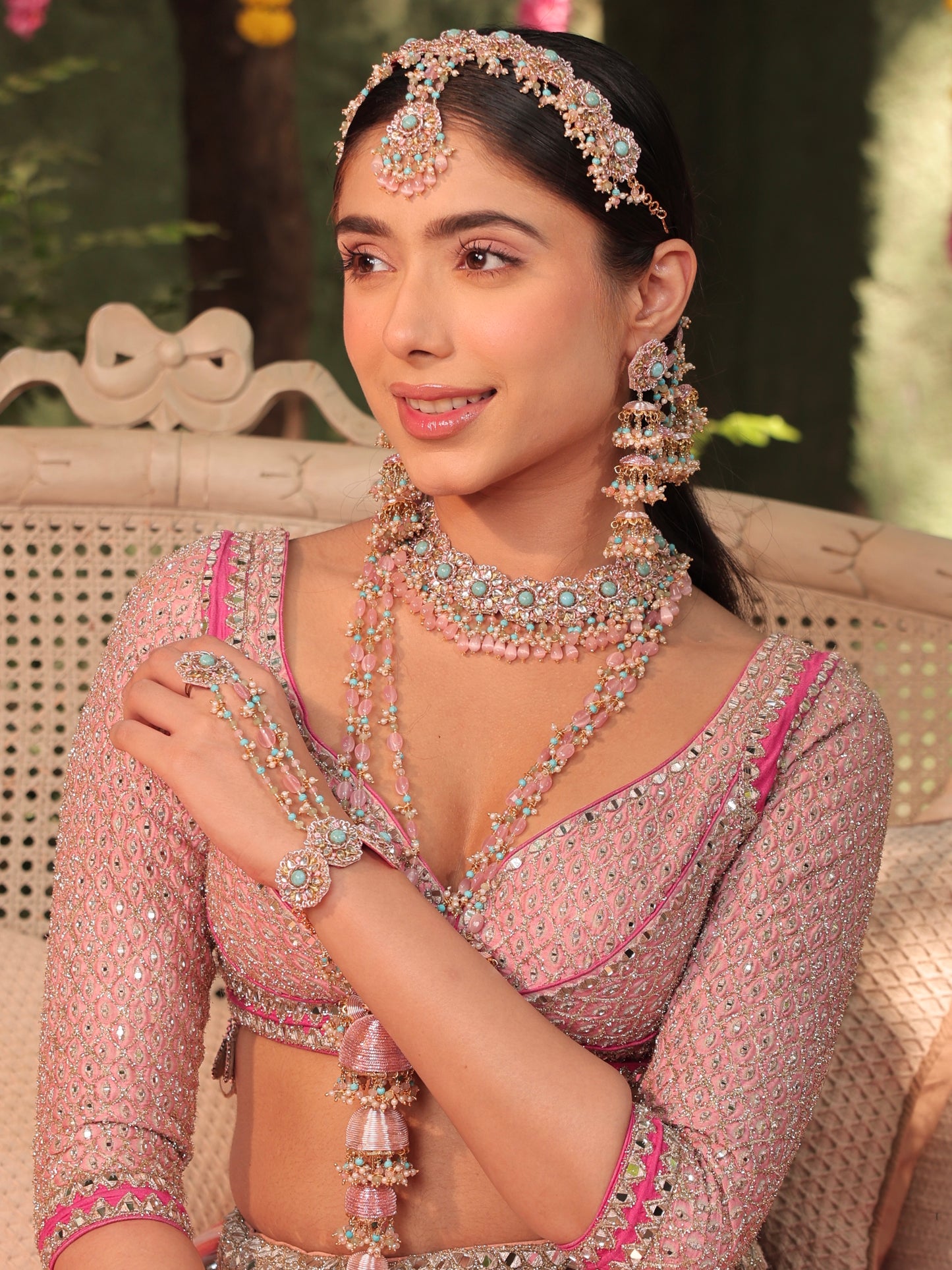 Firoza (Earrings with Earchains, Mathapatti, Sleek Necklace, Long Necklace & Pair of Hathphool with Kaleeras Set)