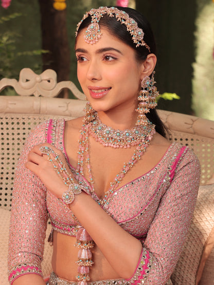 Firoza (Earrings with Earchains, Mathapatti, Sleek Necklace, Long Necklace & Pair of Hathphool with Kaleeras Set)