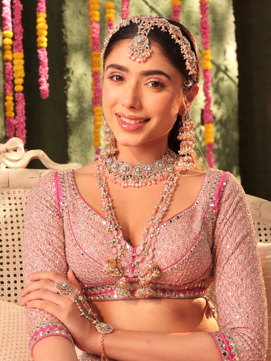 Firoza (Earrings with Earchains, Mathapatti, Sleek Necklace, Long Necklace & Pair of Hathphool Set)