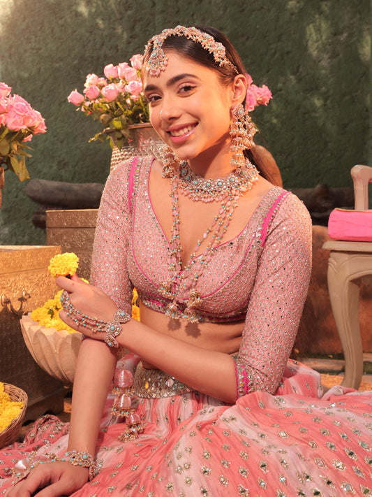 Firoza (Earrings with Earchains, Mathapatti, Sleek Necklace, Long Necklace & Pair of Hathphool with Kaleeras Set)