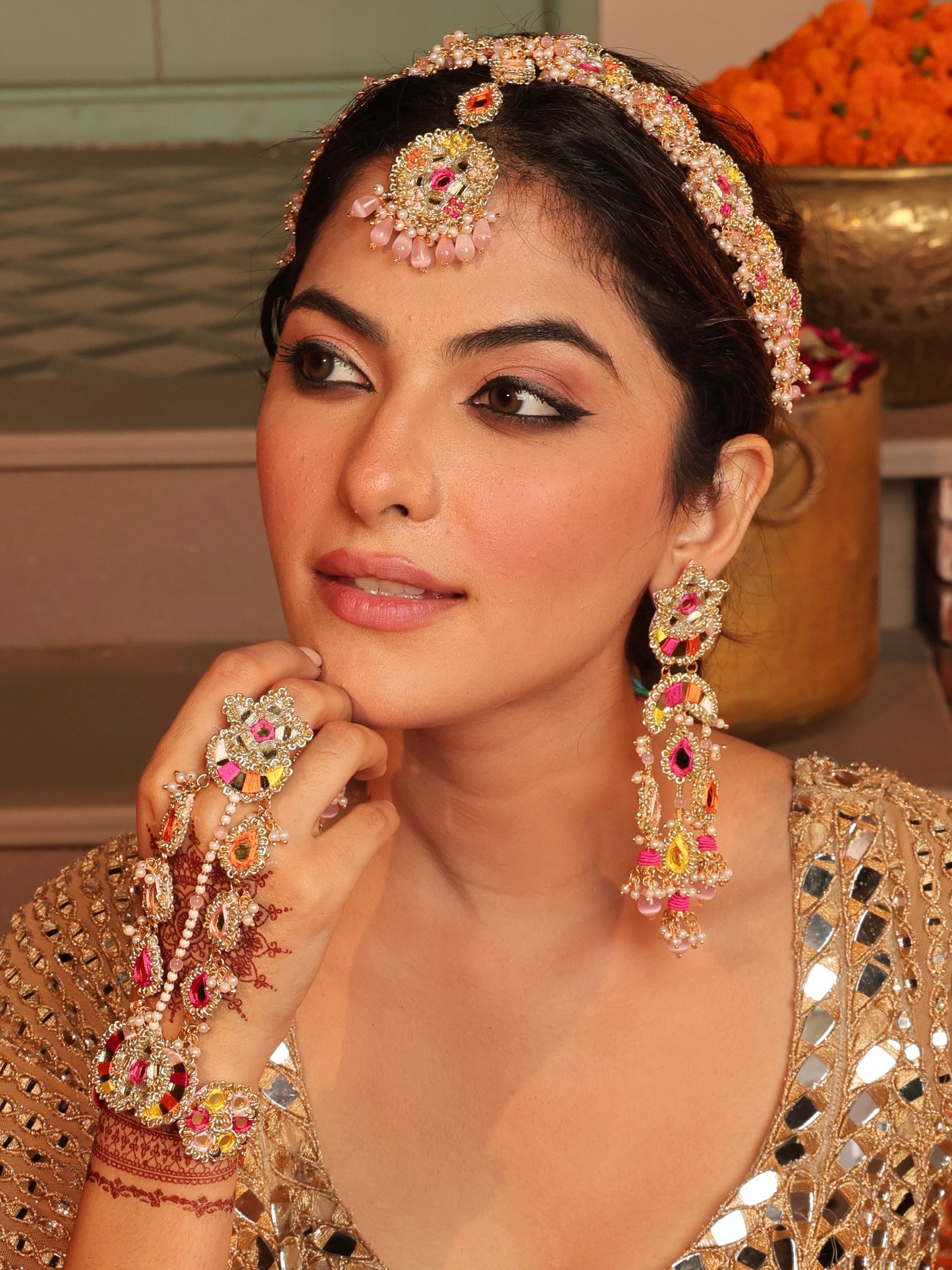Gul Sitara Multi (Earrings, Mathapatti & Pair of Hathphool Set)