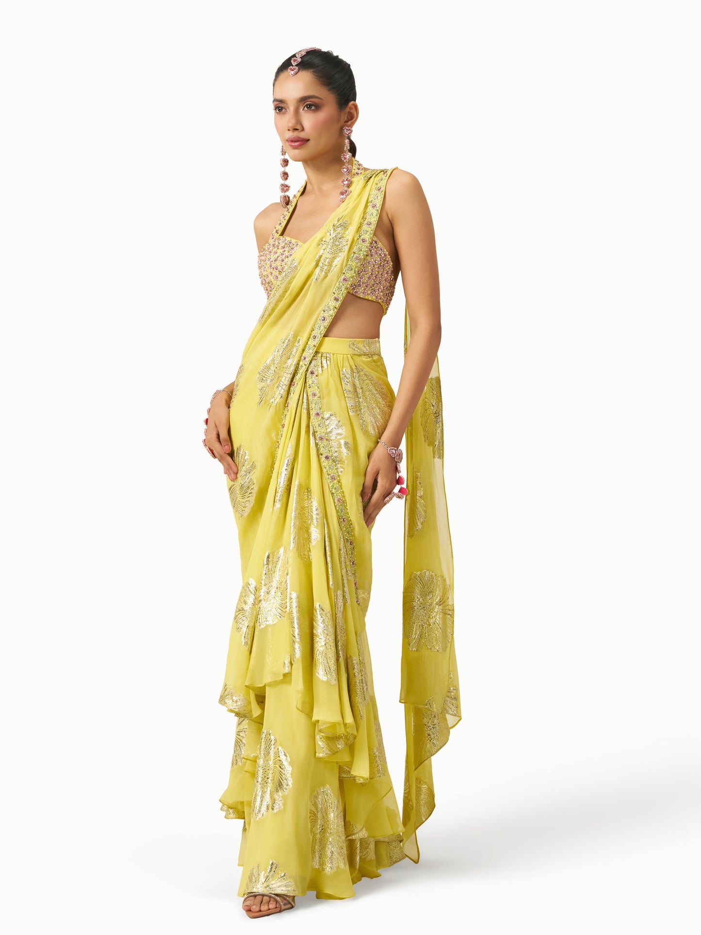 Mehbooba Draped Saree Set - Yellow