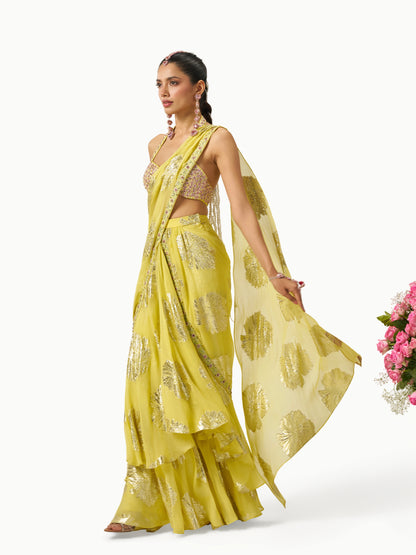 Mehbooba Draped Saree Set - Yellow