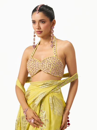 Mehbooba Draped Saree Set - Yellow
