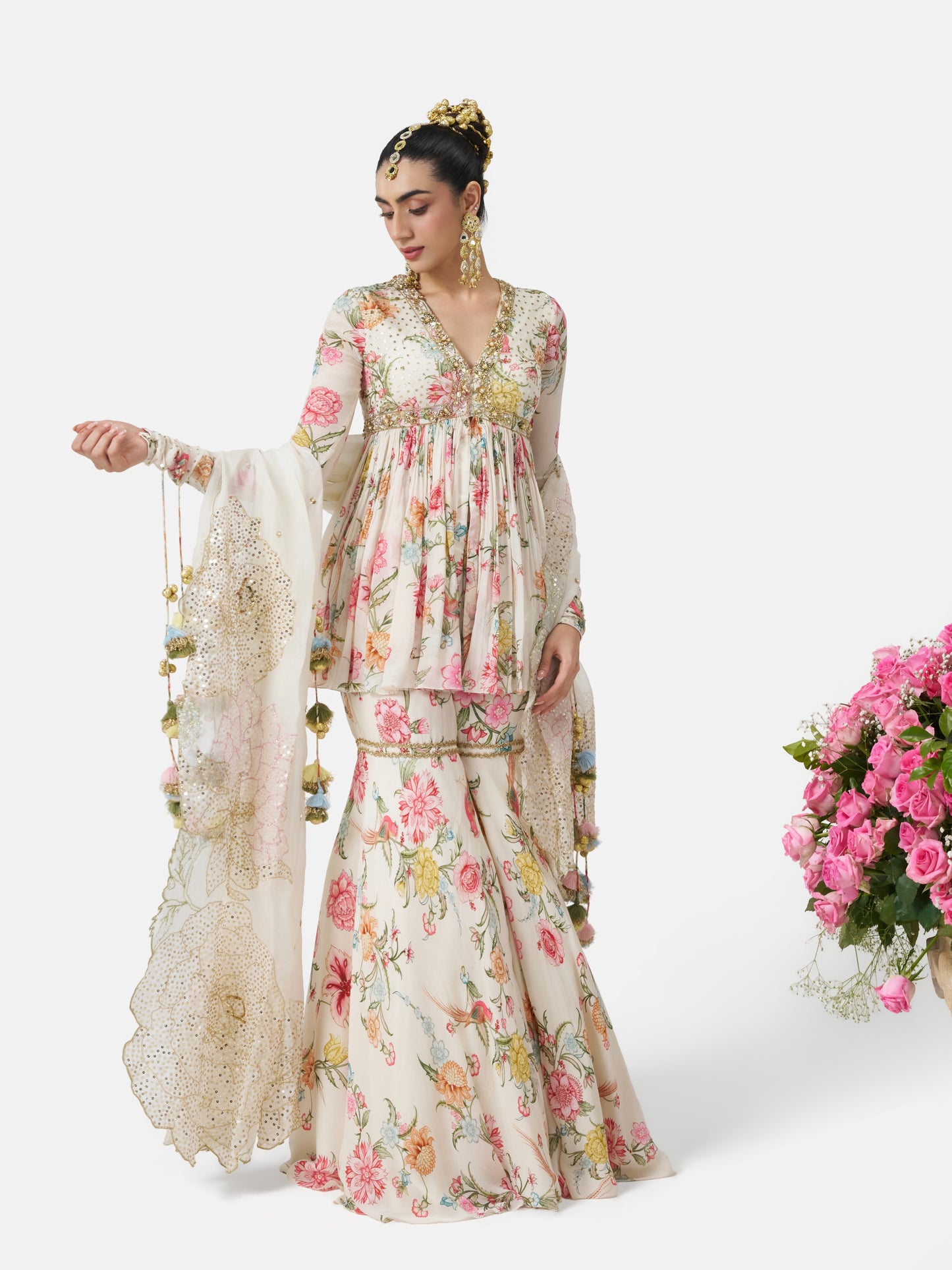 Dilruba Peplum Sharara Set - Ivory