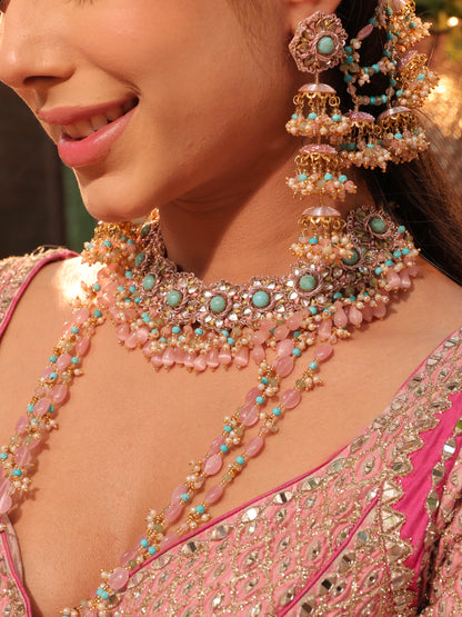 Firoza (Earrings with Earchains, Mathapatti, Sleek Necklace, Long Necklace & Pair of Hathphool Set)