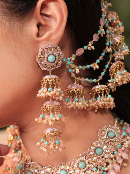 Firoza (Earrings with Earchains, Mathapatti, Sleek Necklace, Long Necklace & Pair of Hathphool Set)
