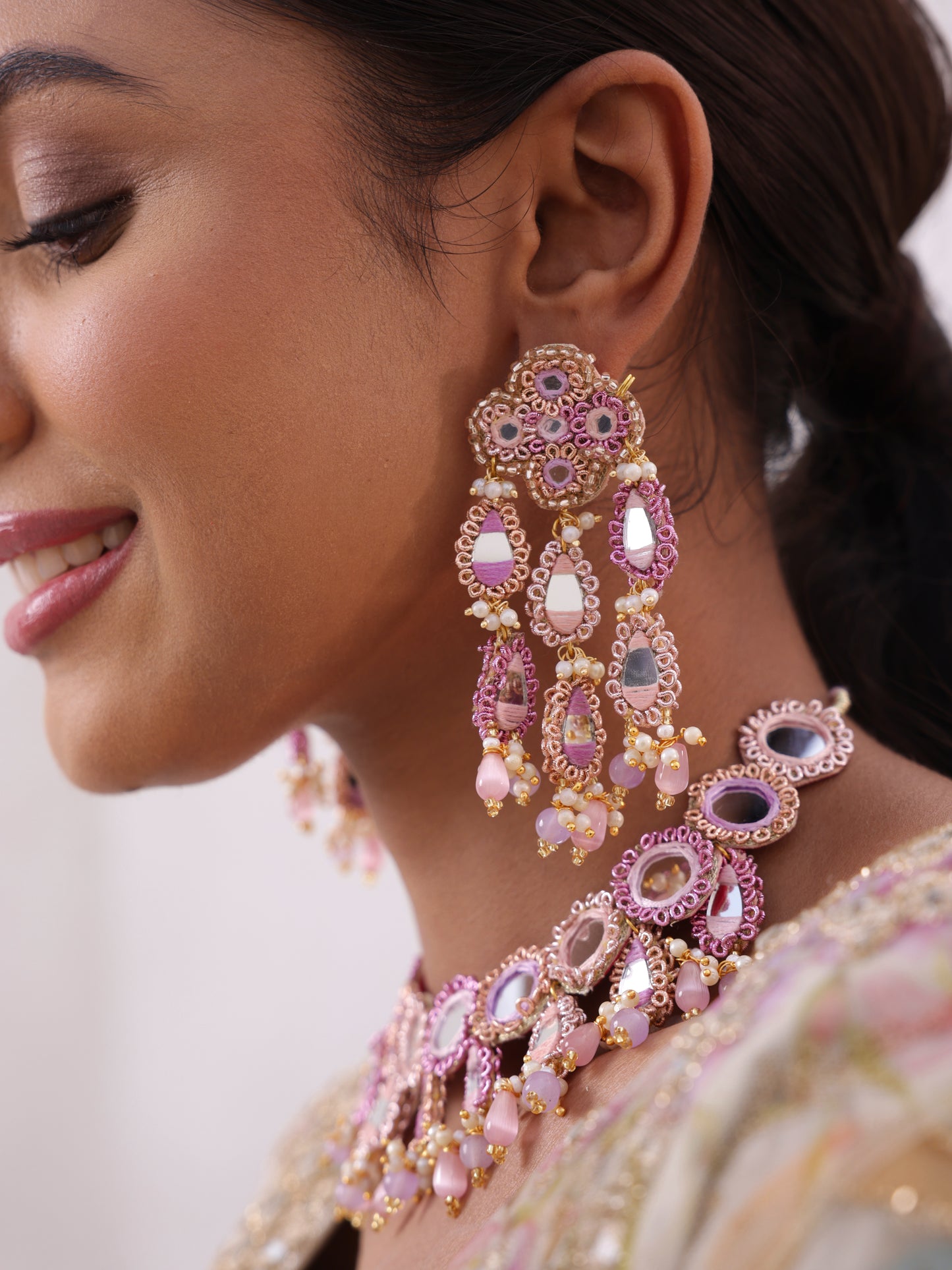Ishq Lilac (2 Tier Earrings, Mangtikka & Necklace with Drops)